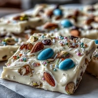 Festive white chocolate Easter bark with pastel candy eggs and crunchy pistachios, perfect for springtime celebrations.