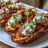 Loaded sweet potato skins with melted cheddar, smoky bacon, and a dollop of sour cream, perfect for game day.  