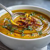A steaming bowl of vibrant turmeric lemon lentil soup, garnished with fresh cilantro and a lemon wedge.  