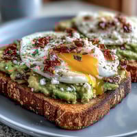 Creamy avocado spread topped with a poached egg and crunchy chili crisp on golden sourdough toast for a vibrant breakfast.