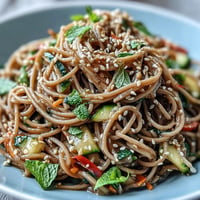 Cold Soba Noodle Salad inviting plate, vibrant vegetables, tangy dressing, light meal.