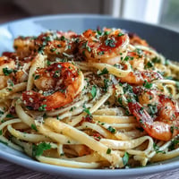 Juicy Shrimp Scampi Linguine bathed in a garlicky white wine sauce.
